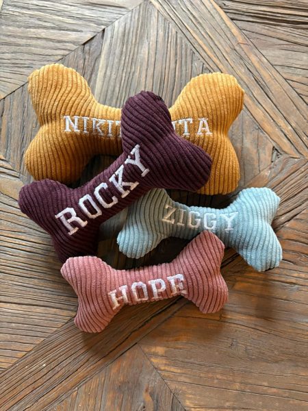 Embroidered bone dog toy with squeaker, various sizes, several colors